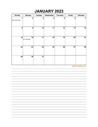 2023 Excel Calendar, large day boxes, space for notes (vertical)