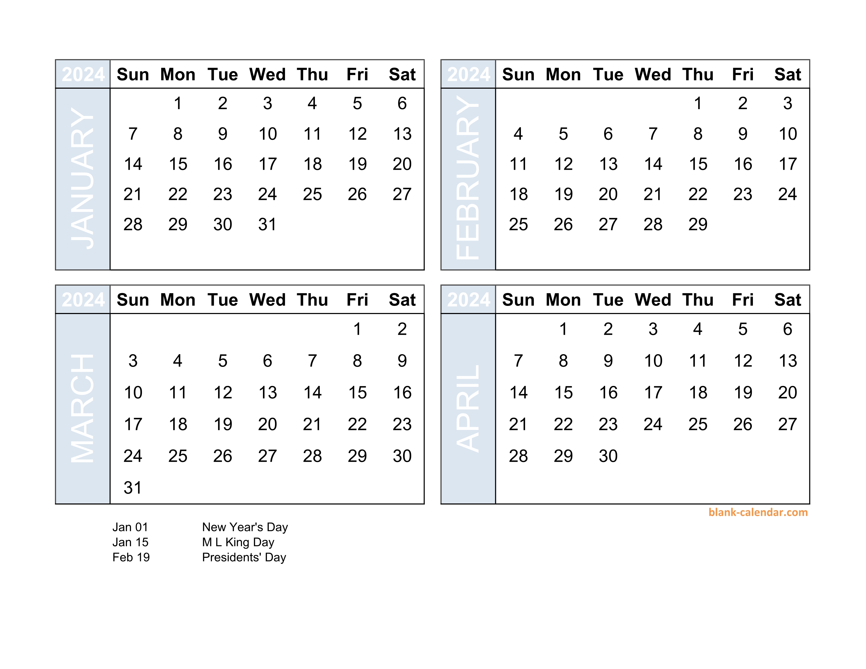Free Download 2024 Excel Calendar four month in landscape format