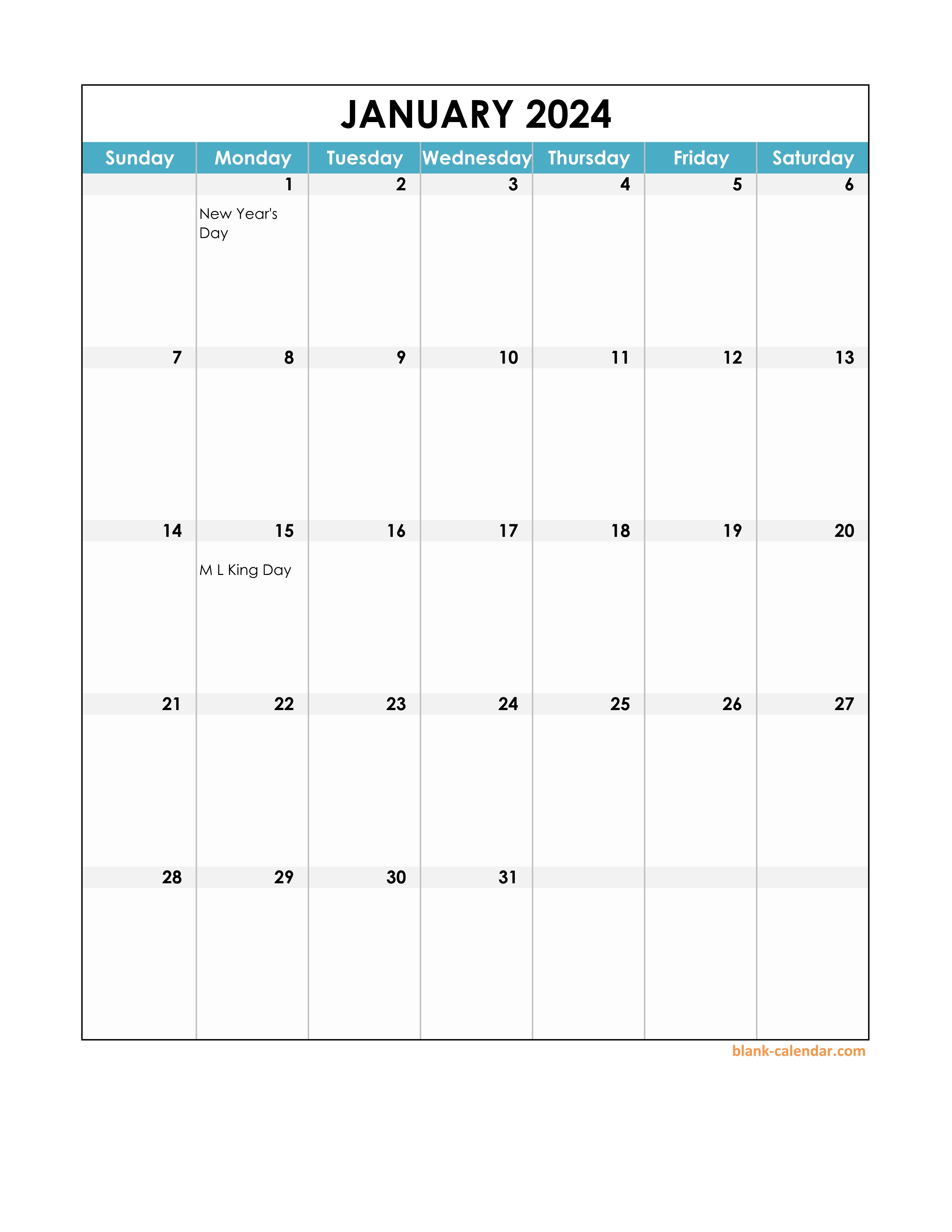 Free Download 2024 Excel Calendar, full page table grid, US holidays