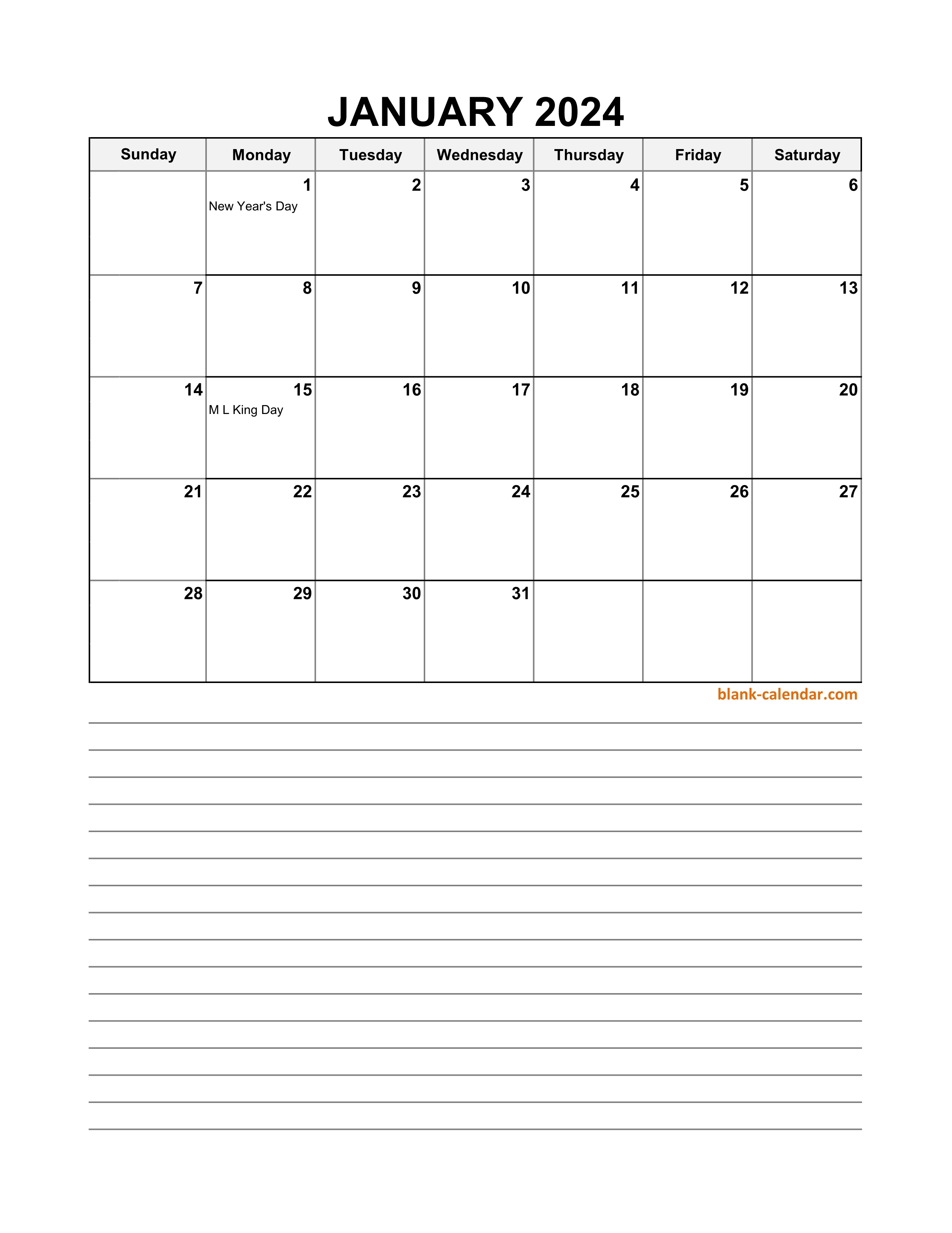 Free Download 2024 Excel Calendar, large day boxes, space for notes ...