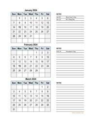 2024 Excel Calendar, 3 months in one excel spreadsheet (vertical)
