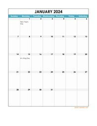 2024 Excel Calendar, full page table grid, US holidays (vertical)
