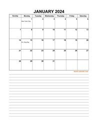 2024 Excel Calendar, large day boxes, space for notes (vertical)