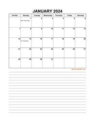 2024 excel calendar, large day boxes, space for notes