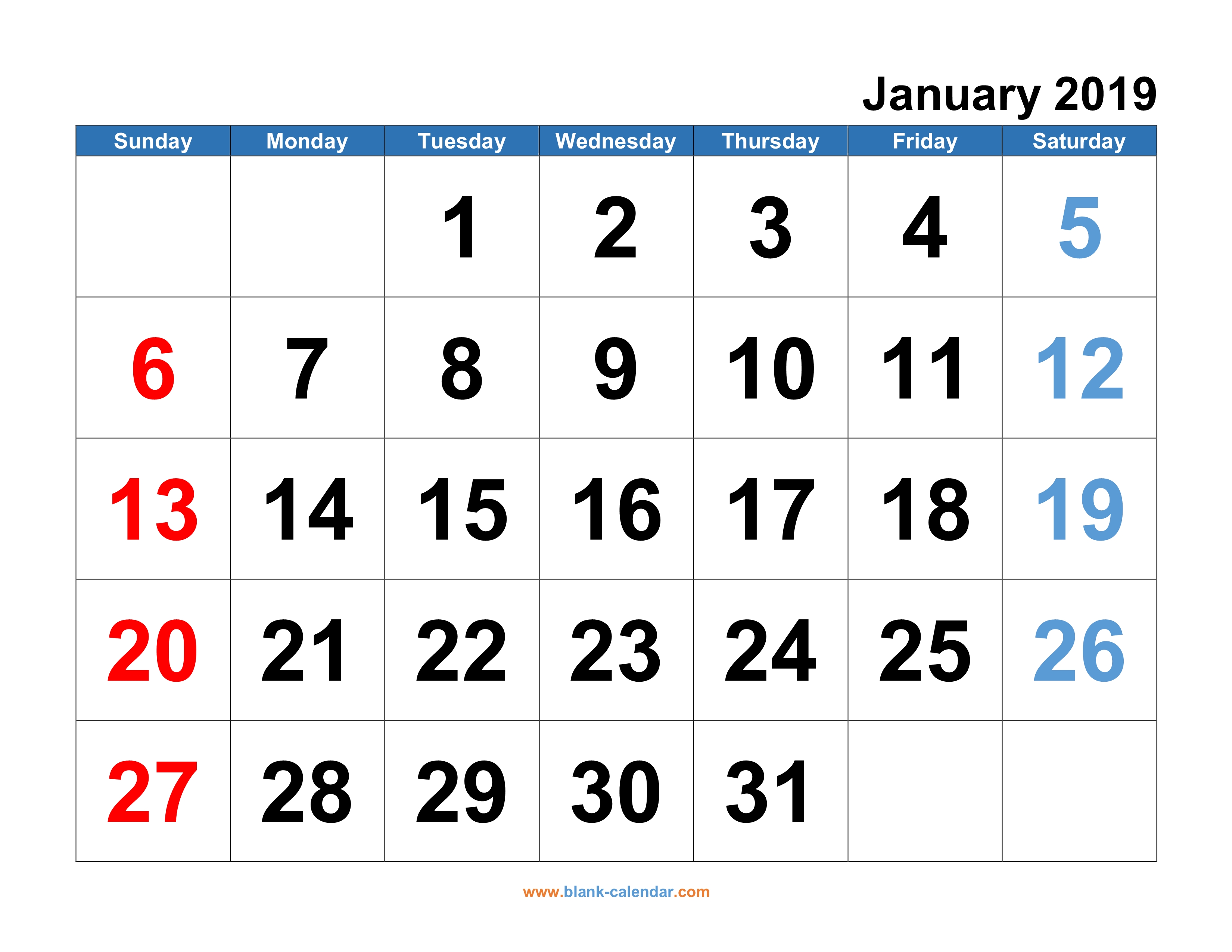 January Calendar Template 2019 Pdf