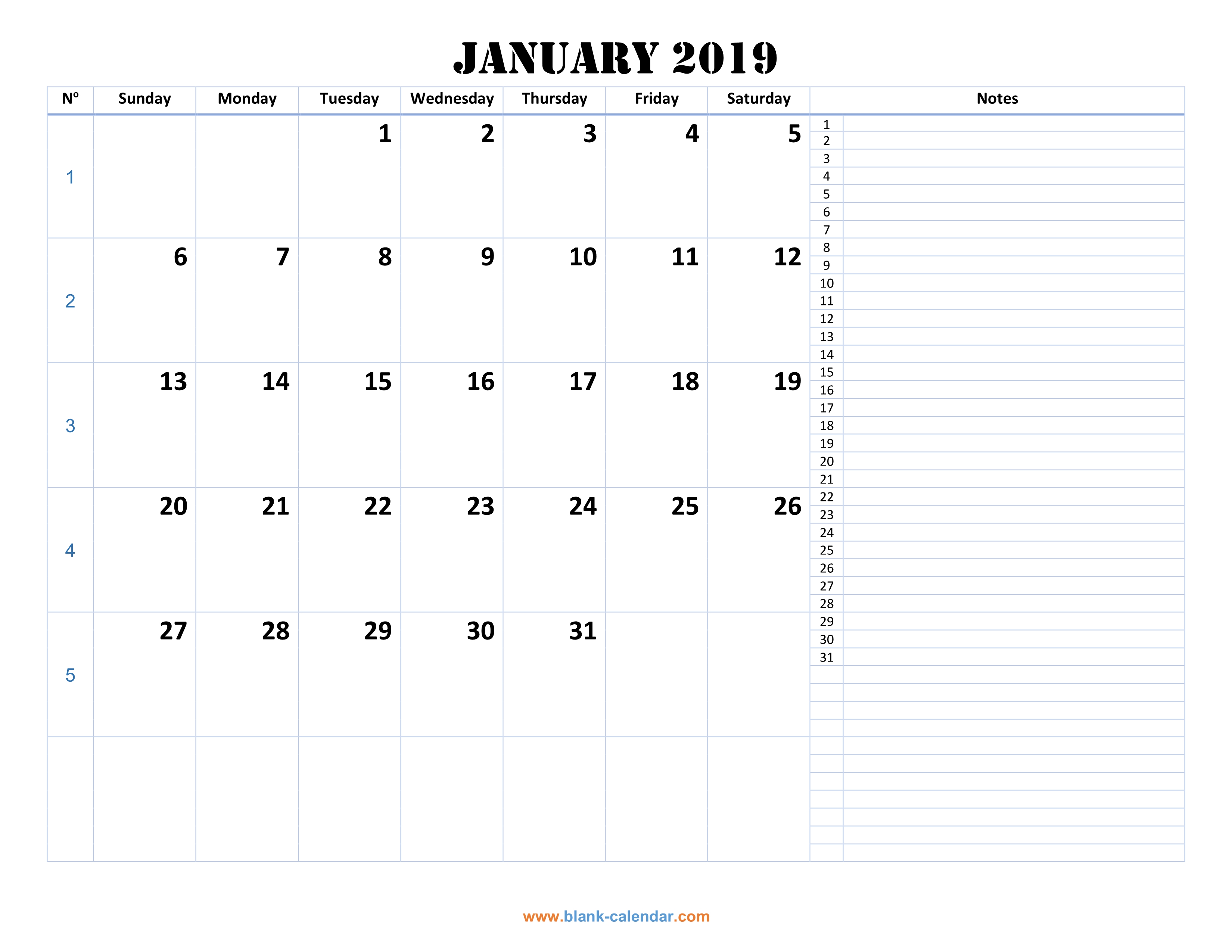 Calendar Template With Notes 2019