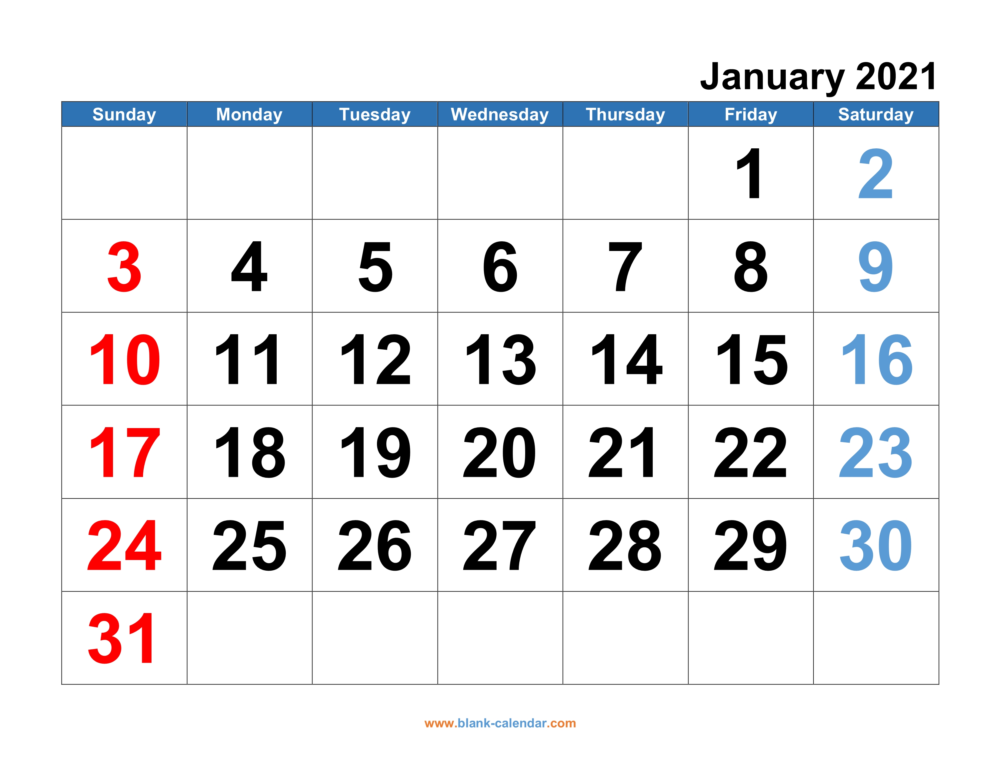 20+ January 2021 Calendar Big Numbers - Free Download ...