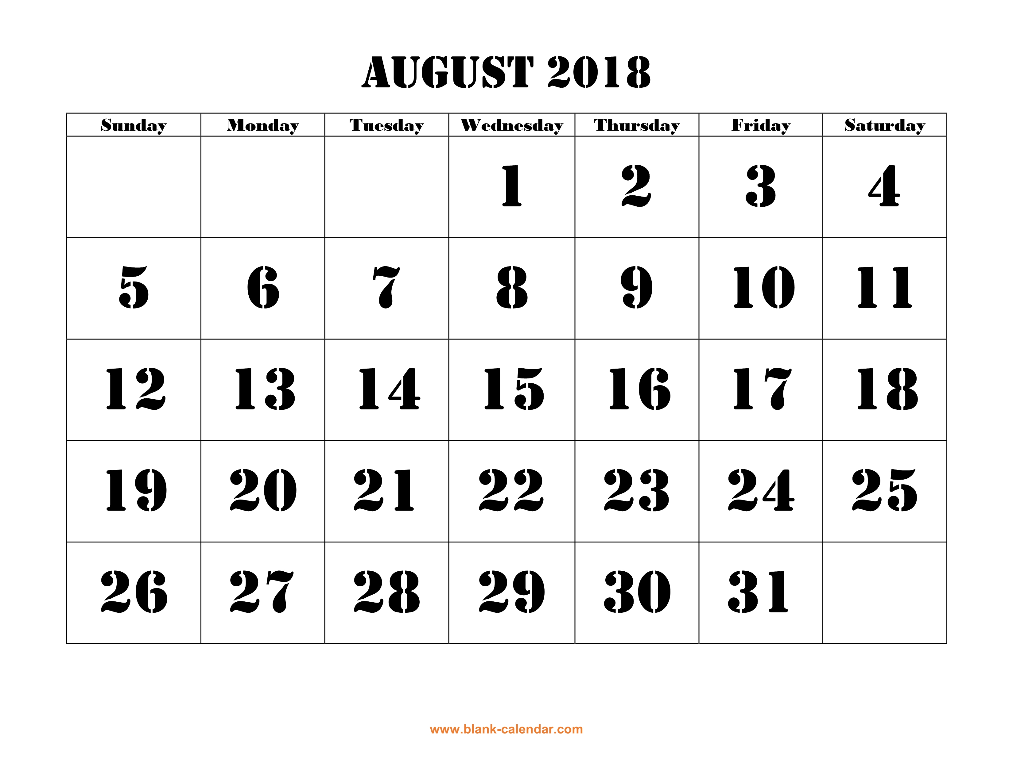 Free Download Printable August 2018 Calendar, large font design