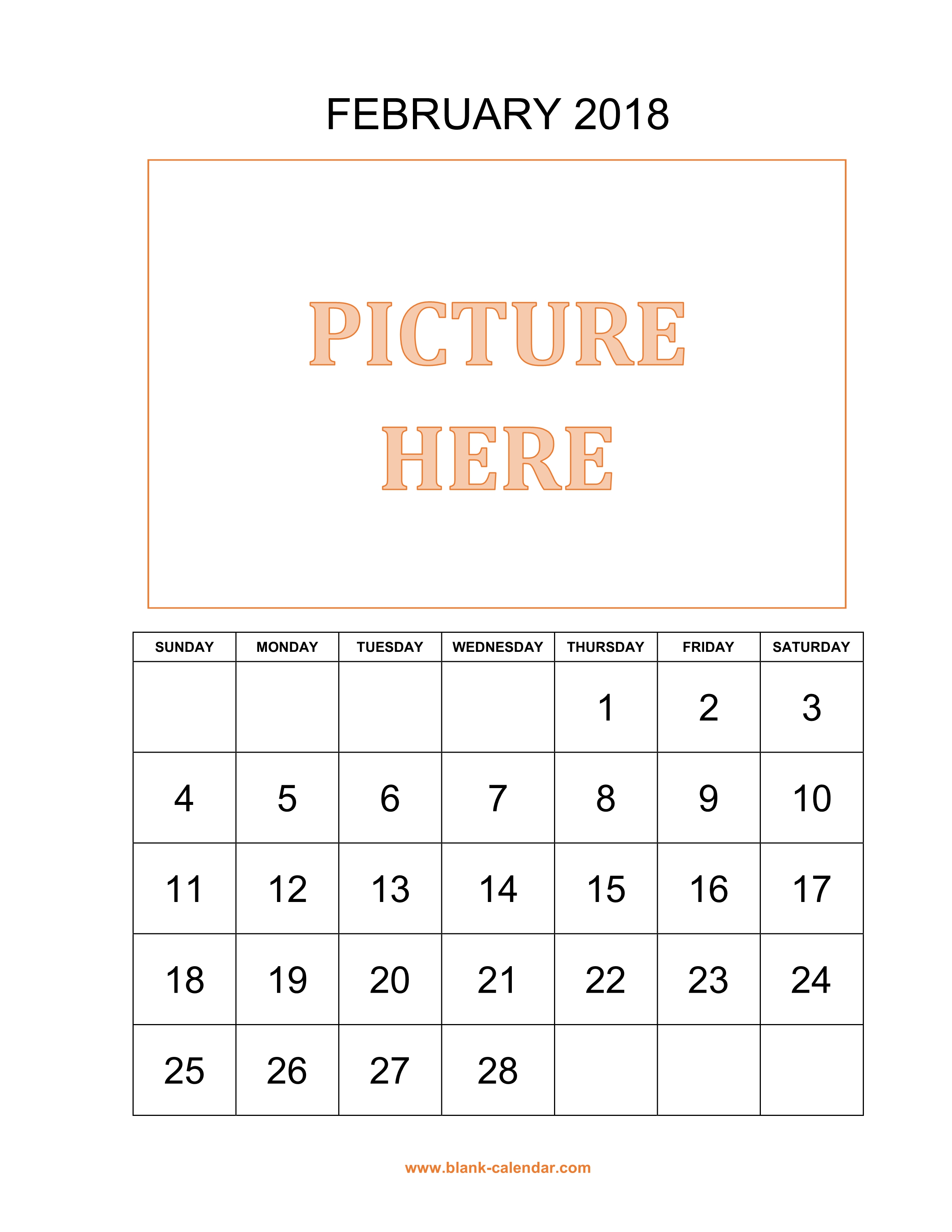 Free Download Printable February 2018 Calendar, pictures can be placed ...