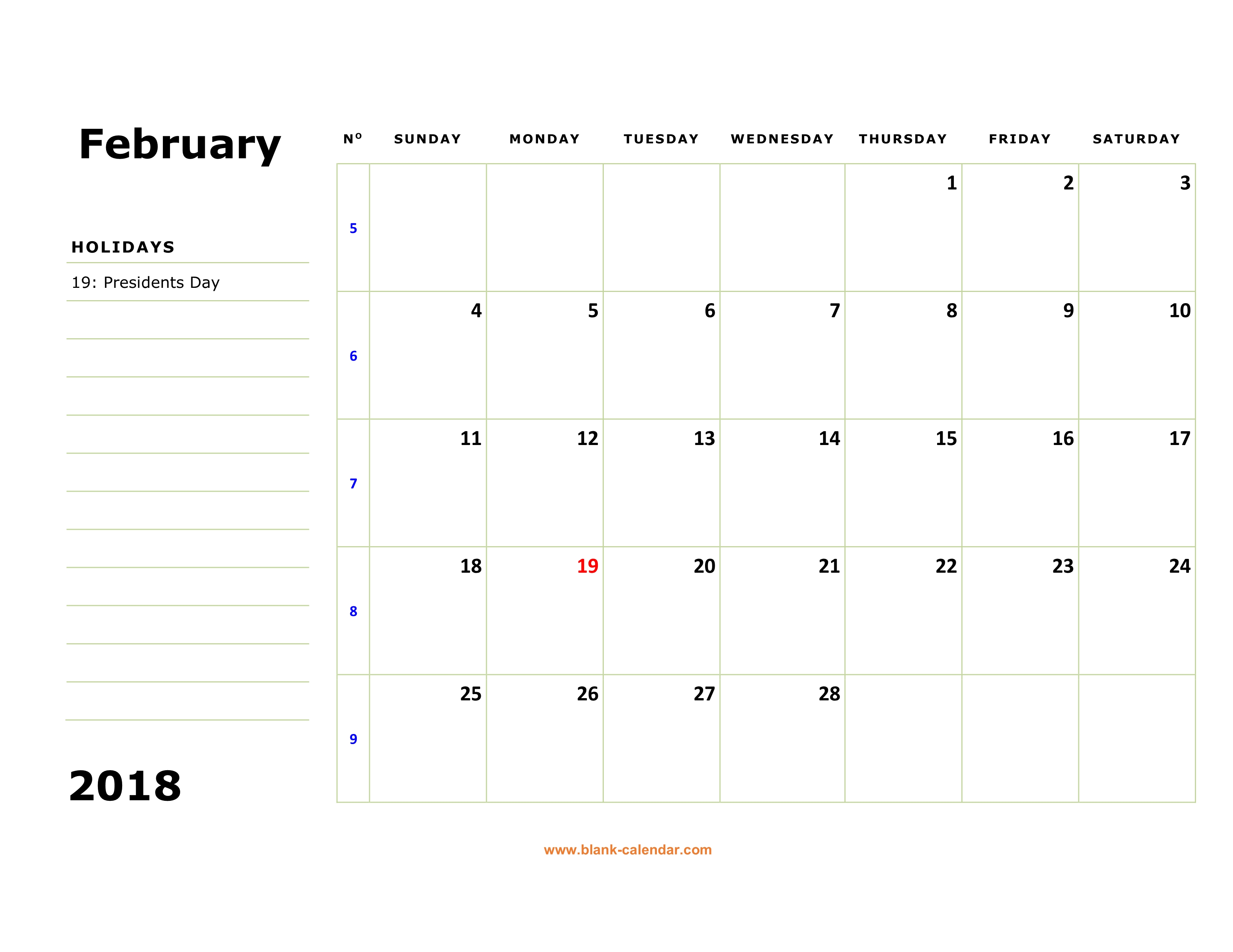 Free Download Printable February 2018 Calendar, large box, holidays ...