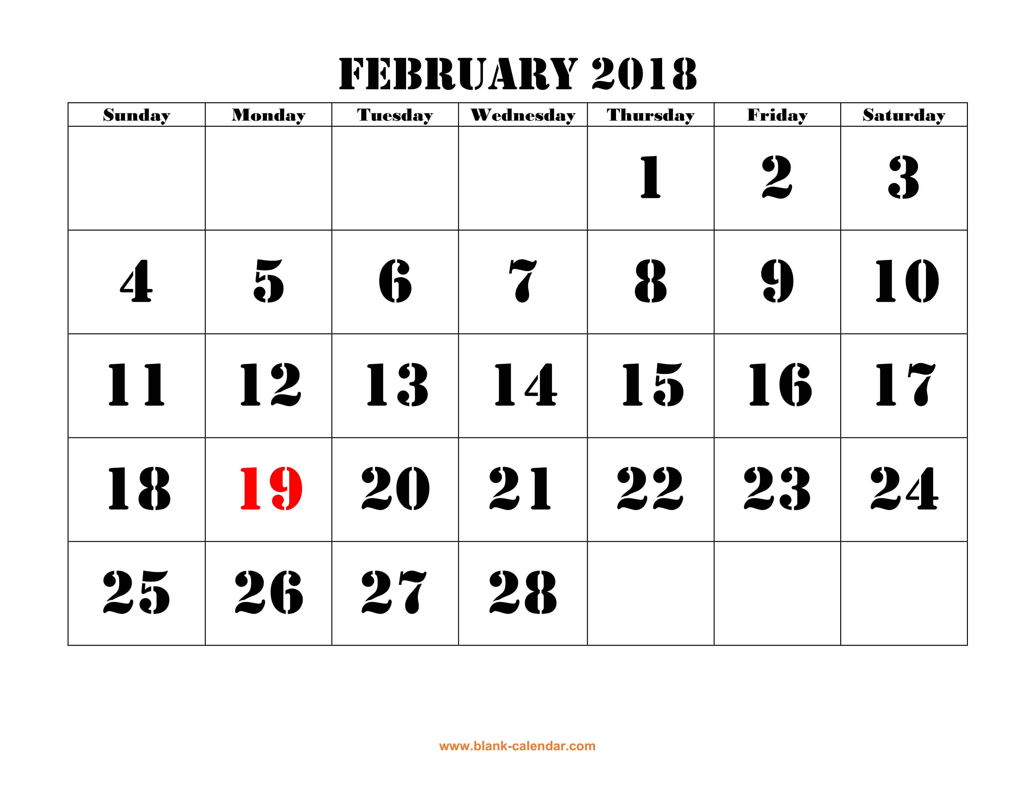 Free Download Printable February 2018 Calendar Large Font Design 