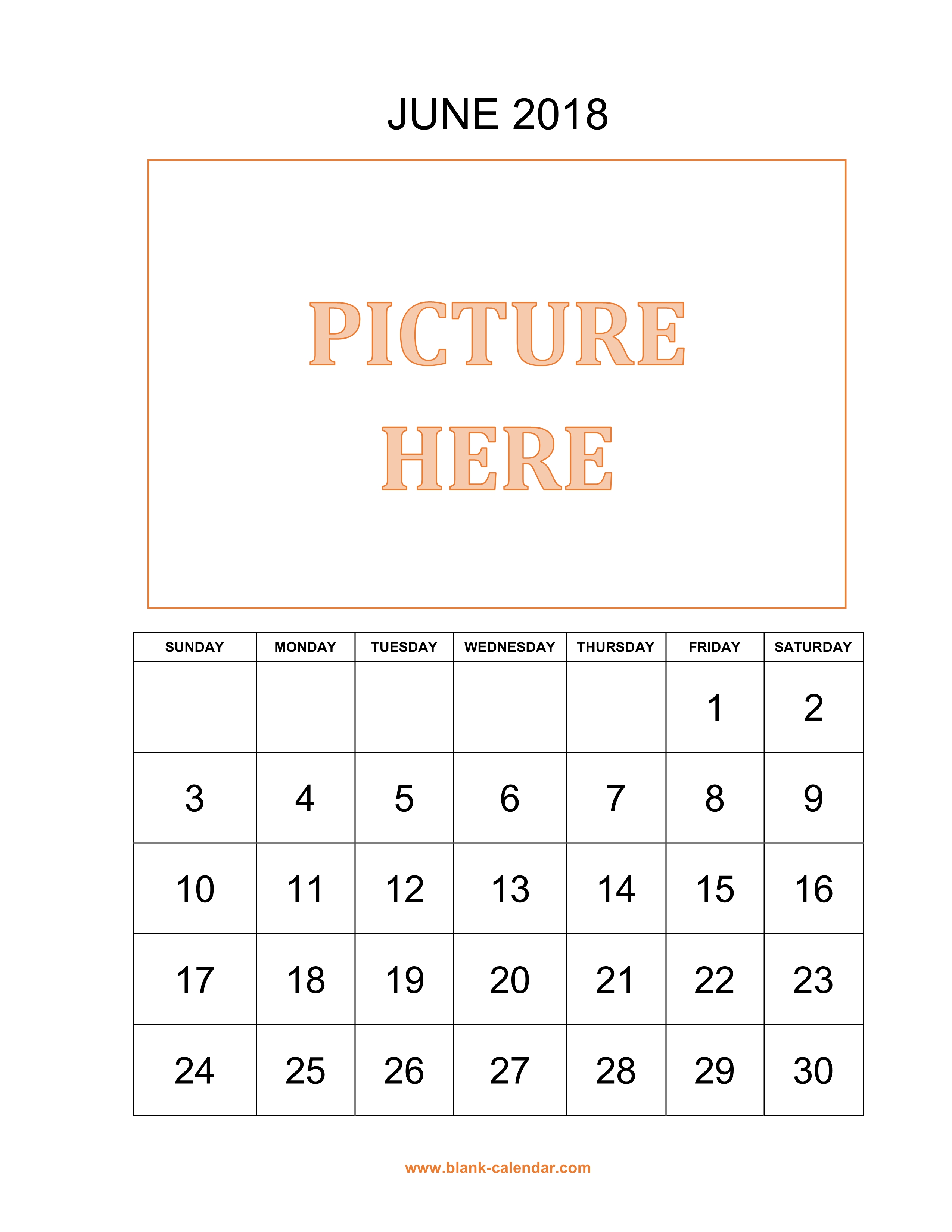 Free Download Printable June 2018 Calendar, pictures can be placed at ...