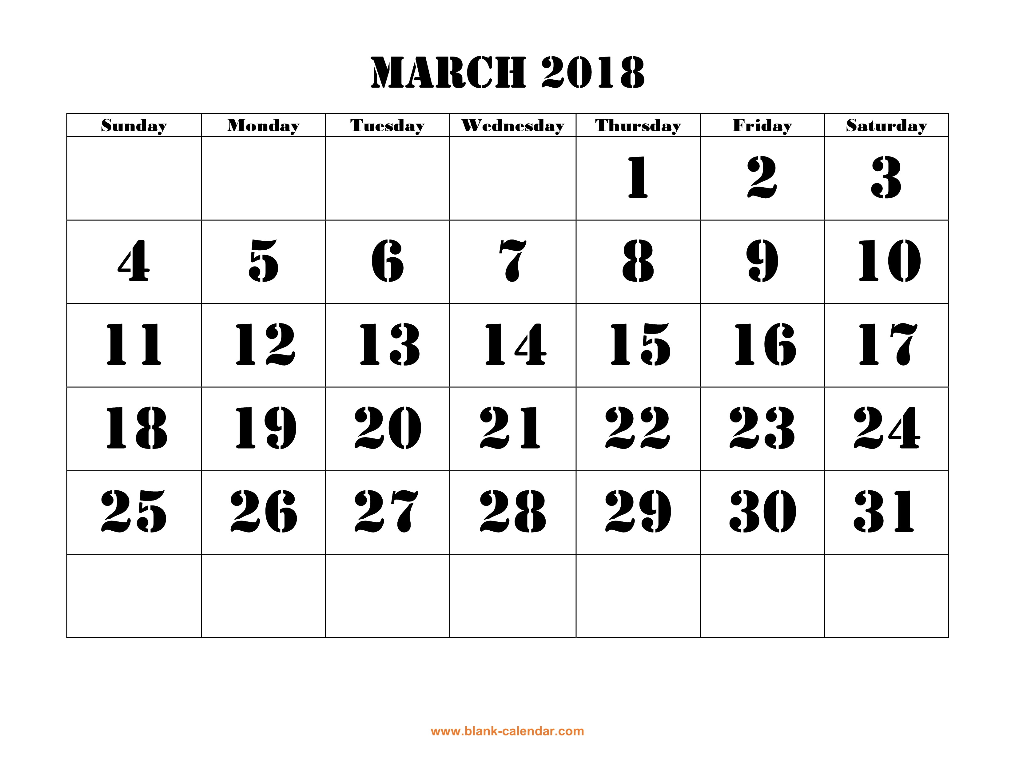 Free Download Printable March 2018 Calendar Large Font Design 