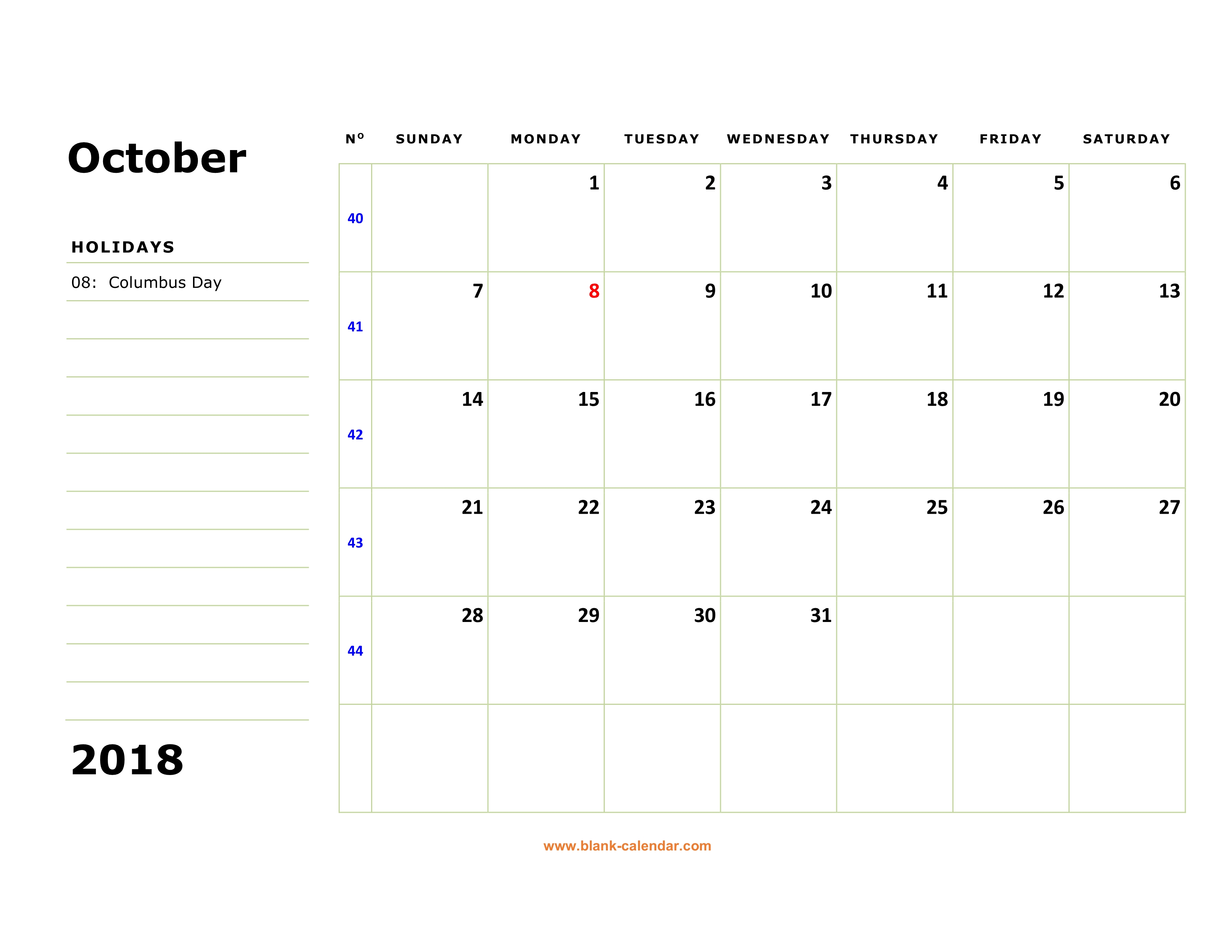 Free Download Printable October 2018 Calendar Large Box Holidays