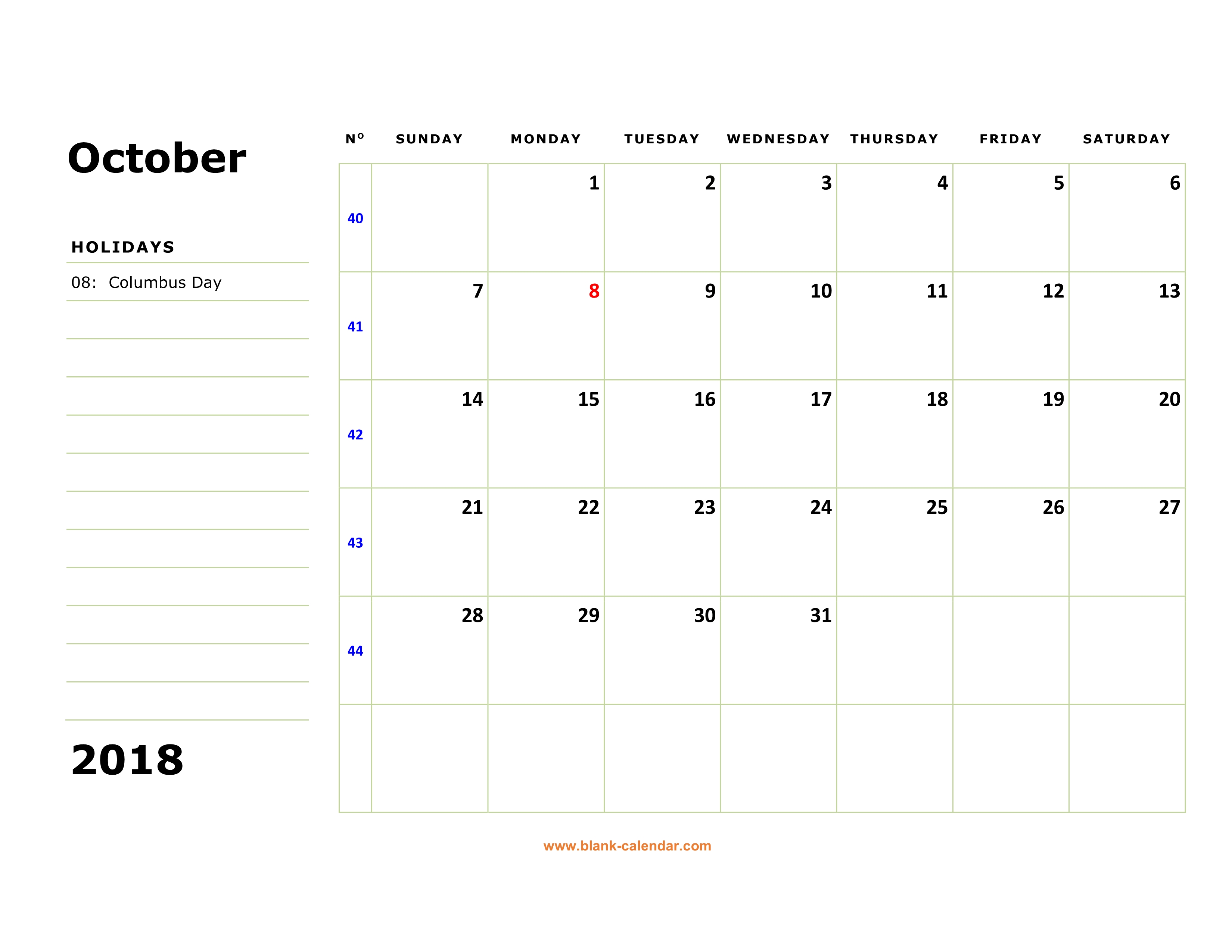 Free Download Printable October 2018 Calendar, large box, holidays ...
