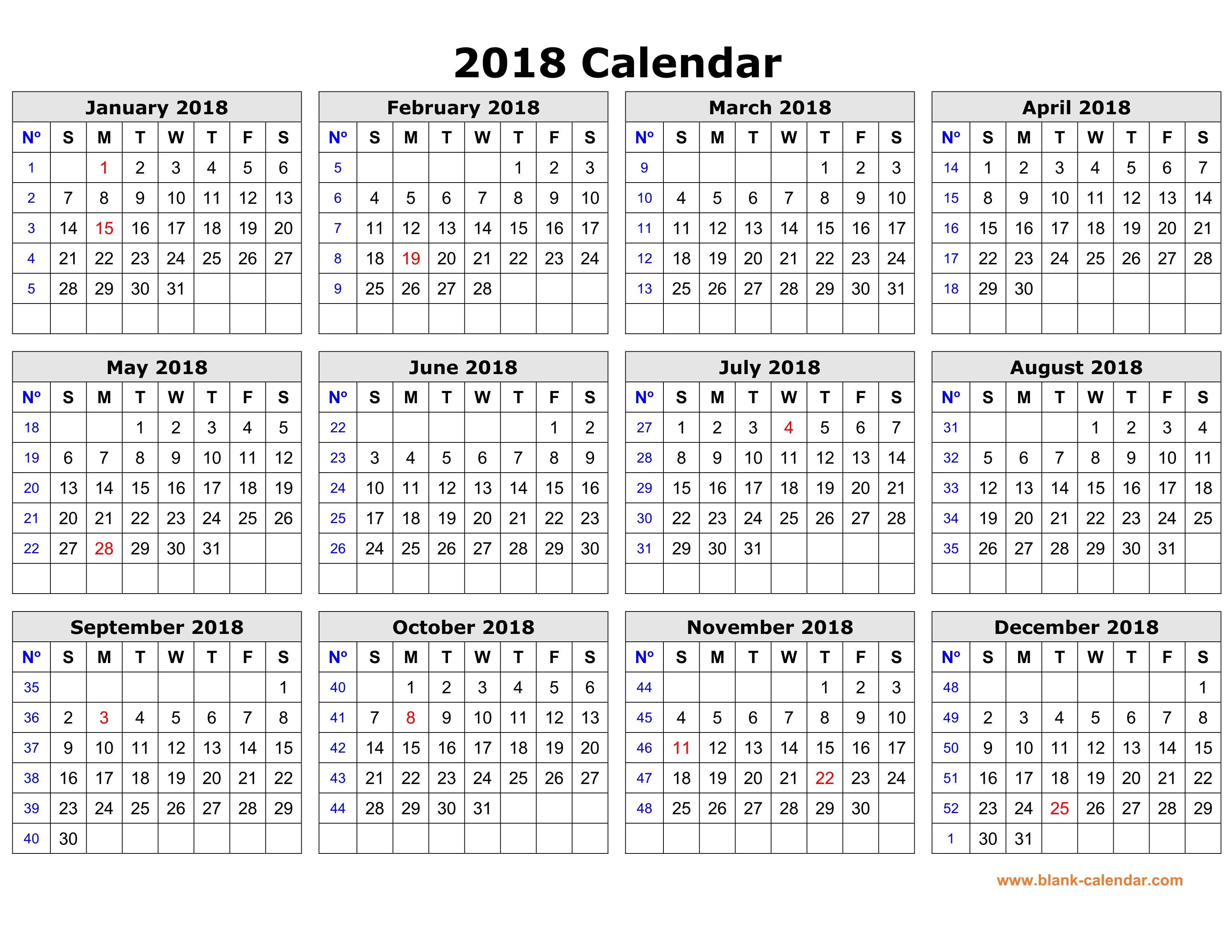 Blank Calendar 2018 Yearly 2018 Calendar Blank Portrait Skjlcc