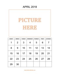 printable april 2018 calendar, pictures can be placed at the top