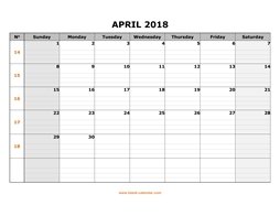 Printable April 2018 Calendar, large box grid, space for notes (horizontal)