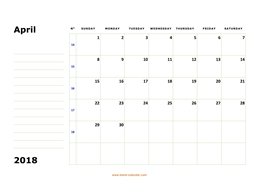 Printable April 2018 Calendar, large box, Federal Holidays listed, space for notes (horizontal)