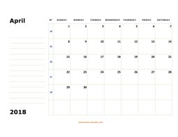 printable april 2018 calendar, large box, space for notes
