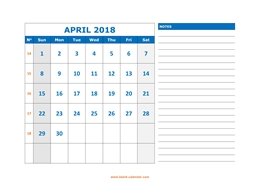 Printable April 2018 Calendar, large space for appointment and notes (horizontal)