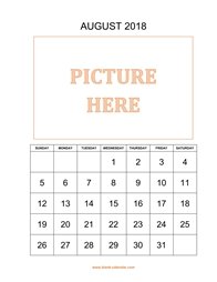 printable august 2018 calendar, pictures can be placed at the top