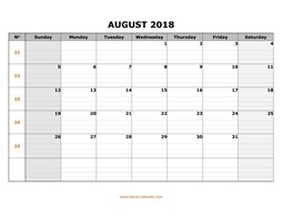 printable august 2018 calendar large box grid, space for notes
