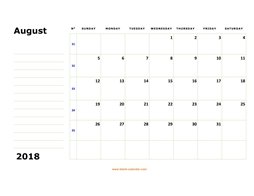 printable august 2018 calendar, large box, space for notes