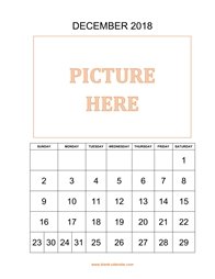 printable december 2018 calendar, pictures can be placed at the top