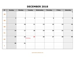 printable december 2018 calendar large box grid, space for notes