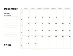 Printable December 2018 Calendar, large box, Federal Holidays listed, space for notes (horizontal)