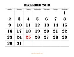 Printable December 2018 Calendar, large font design , holidays on red (horizontal)