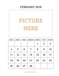 printable february 2018 calendar, pictures can be placed at the top