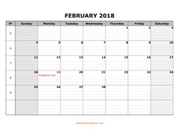 printable february 2018 calendar large box grid, space for notes