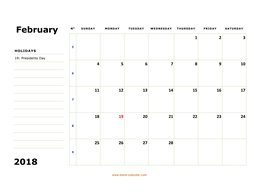 printable february 2018 calendar, large box, space for notes