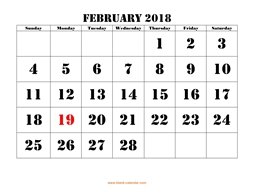 Printable February 2018 Calendar, large font design , holidays on red (horizontal)