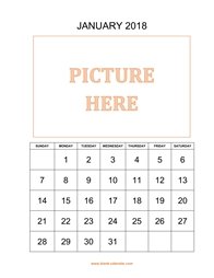 printable january 2018 calendar, pictures can be placed at the top