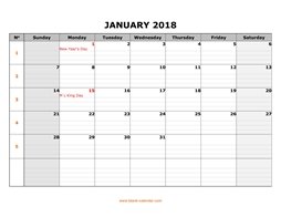 printable january 2018 calendar large box grid, space for notes