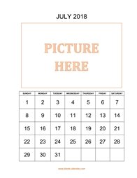 printable july 2018 calendar, pictures can be placed at the top