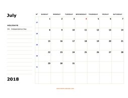 printable july 2018 calendar, large box, space for notes
