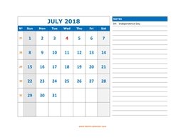 Printable July 2018 Calendar, large space for appointment and notes (horizontal)