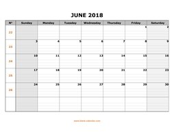 Printable June 2018 Calendar, large box grid, space for notes (horizontal)