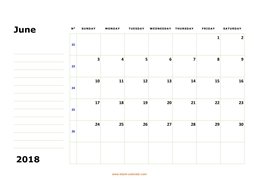 Printable June 2018 Calendar, large box, Federal Holidays listed, space for notes (horizontal)