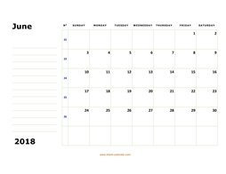 printable june calendar 2018 large box space notes