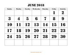 Printable June 2018 Calendar, large font design , holidays on red (horizontal)