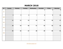 printable march 2018 calendar large box grid, space for notes