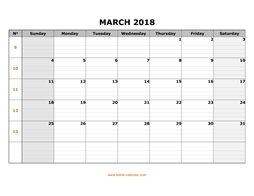 printable march 2018 calendar large box grid, space for notes