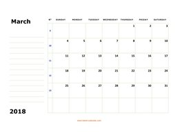 printable march 2018 calendar, large box, space for notes