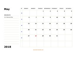 Printable May 2018 Calendar, large box, Federal Holidays listed, space for notes (horizontal)