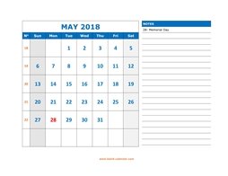 Printable May 2018 Calendar, large space for appointment and notes (horizontal)